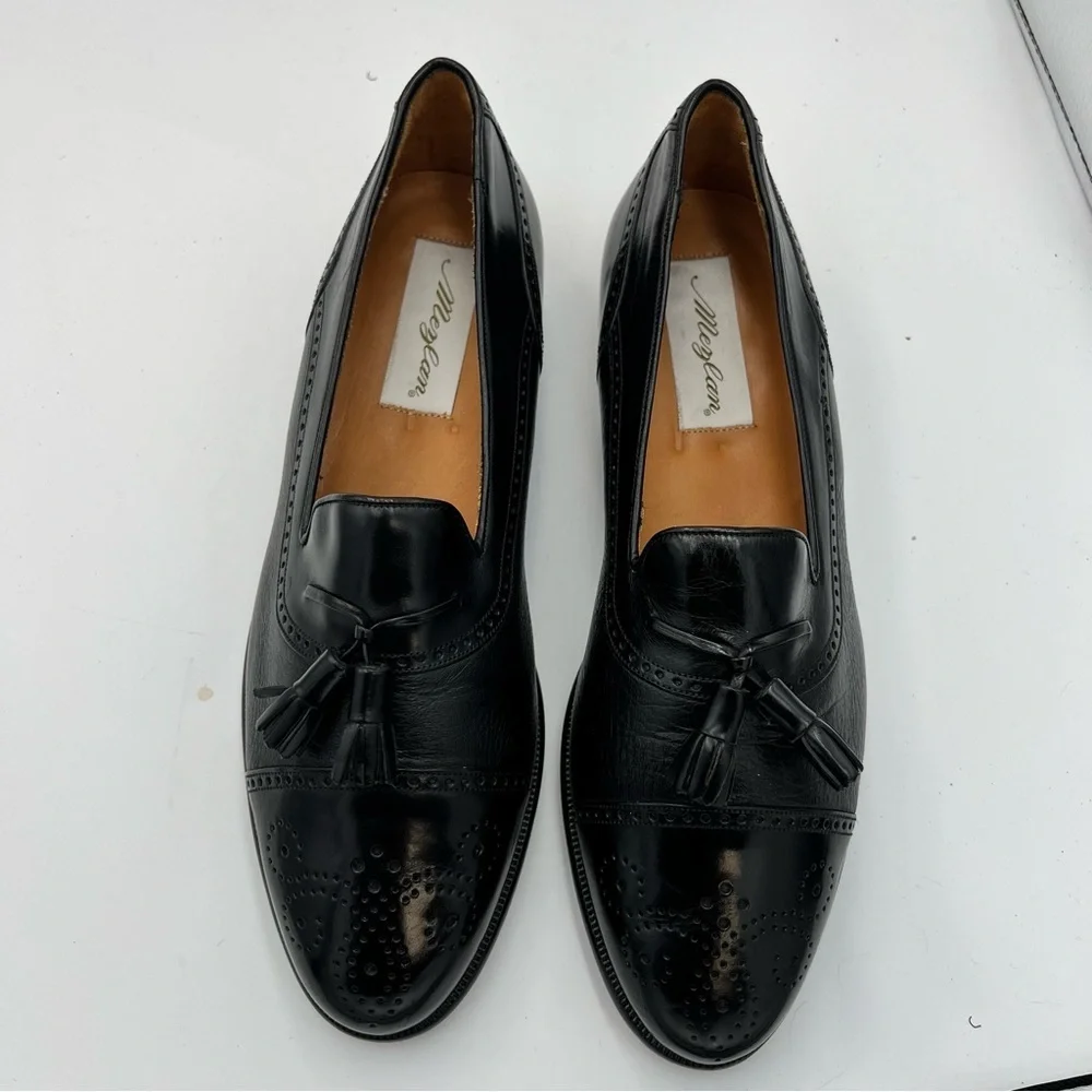 Meylan Tassel Loafers 8.5B Black Leather Cap Toe Brogue Made in Spain
